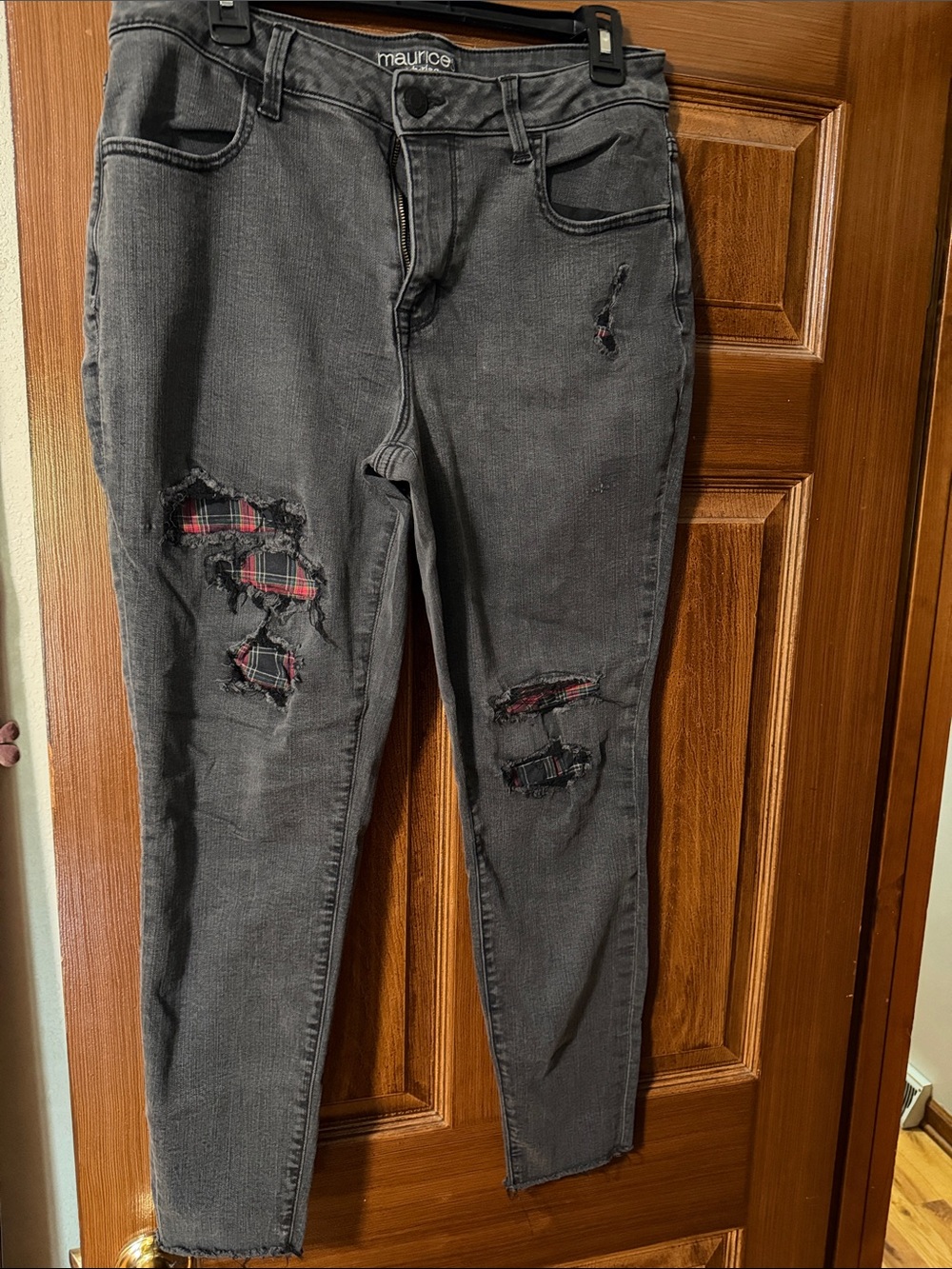 Maurices Black Skinny Jeans with Red Plaid Patch Accents